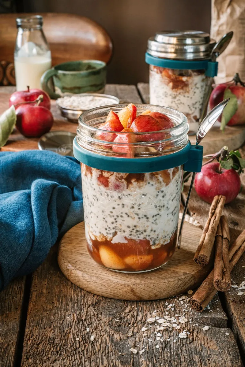 Close-up of spiced apple overnight oats topped with soft stewed apple slices in the open jar