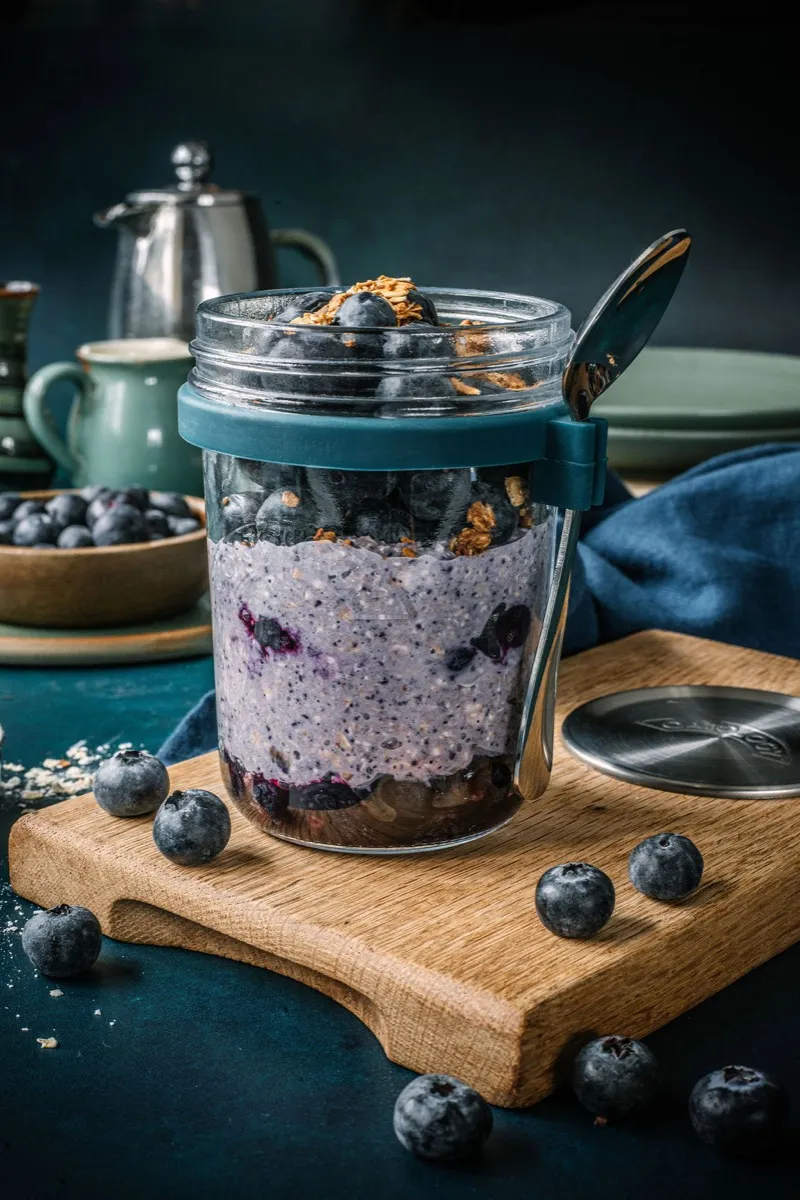 Blended berry overnight oats poured smooth into an OATOLOGY glass jar, topped with fresh blueberries