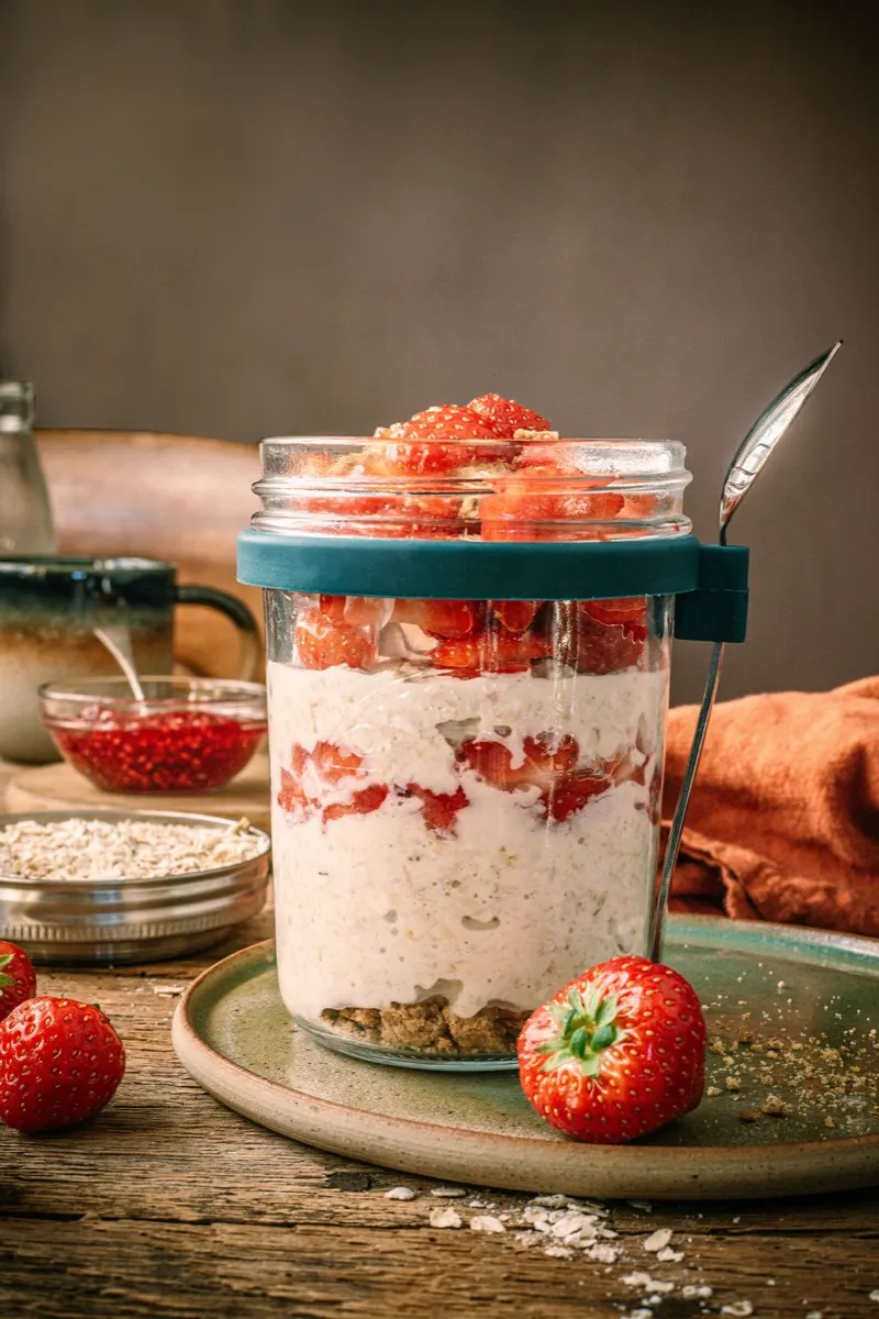 Open jar topped with sliced strawberries and crushed digestive biscuit, with the spoon clipped to the jar