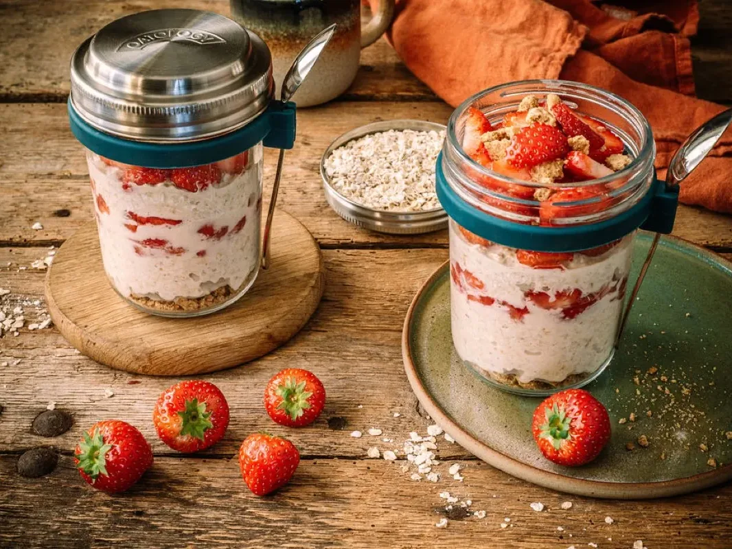 Strawberry cheesecake overnight oats in an OATOLOGY jar topped with fresh strawberries and crushed biscuit, next to the stainless steel lid filled with oats